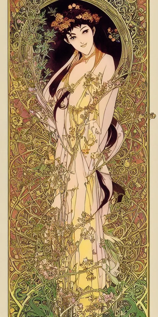 Prompt: Ethereal elven goddess of roses and gold. She is from Southern Asia. Manga artbook illustration by CLAMP and Alphonse Mucha.