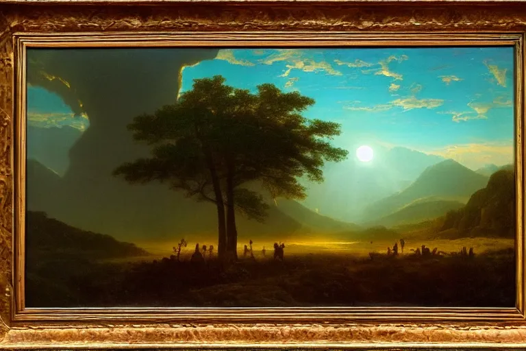 Image similar to sci-fi landscape, dramatic lighting, hudson river school painting, cinematic