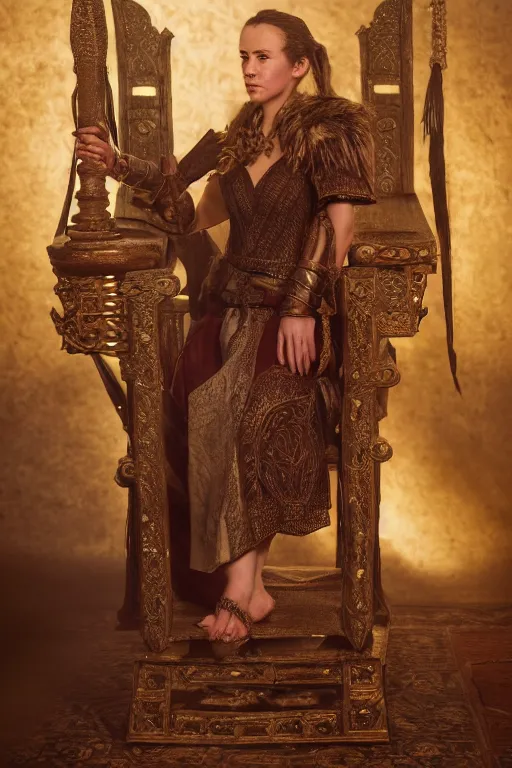 Image similar to the elder scrolls vi, charismatic regal brunette female jarl, portrait, rustic throne room, atmospheric lighting, painted, intricate, volumetric lighting, beautiful, daytime,, slight overcast weather, 4 0 0 0 k, sharp focus, deep colours, ultra detailed, by leesha hannigan, ross tran, thierry doizon, kai carpenter, ignacio fernandez rios