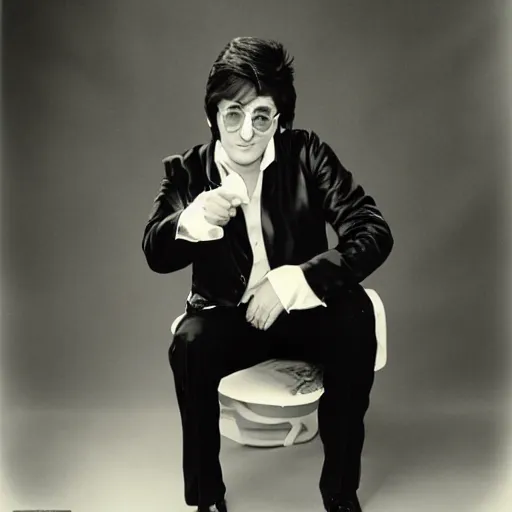 Image similar to professional studio portrait photo of john lennon dressed like elvis, photoshoot