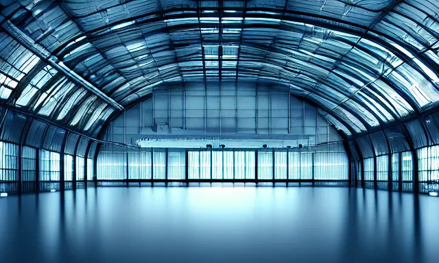 Image similar to matte painting, digital painting, high quality, a spaceship in hangar, symmetric, distant view