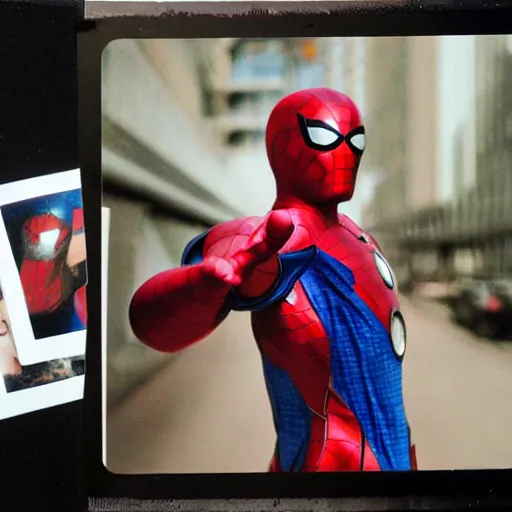 Image similar to a single iron man and spider - man hybrid, dslr, polaroid