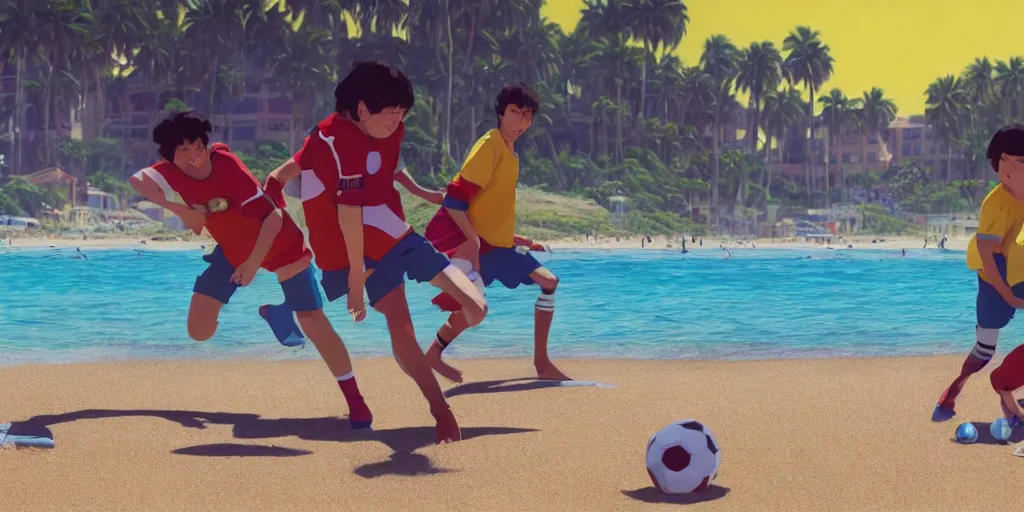 Image similar to a film still of a scene, where boys playing football, a sunny and colourful beach scene in santa monica, los angelos, the weather is very windy. narrow shot, low depth of field, wes anderson, studio ghibli, pixar and disney animation, sharp, rendered in unreal engine 5, anime key art by greg rutkowski, bloom, dramatic lighting