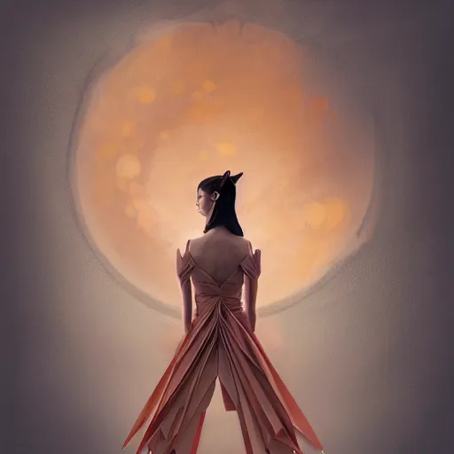 Image similar to 3 / 4 view of a beautiful girl wearing an origami dress, eye - level medium shot, elegant, by esao andrews, by eiko ishioka, by peter mohrbacher, centered, high depth of field, origami, three - view reference sheet, detailed illustration, japanese, reallusion character creator, depth perception, 4 k, deviantart