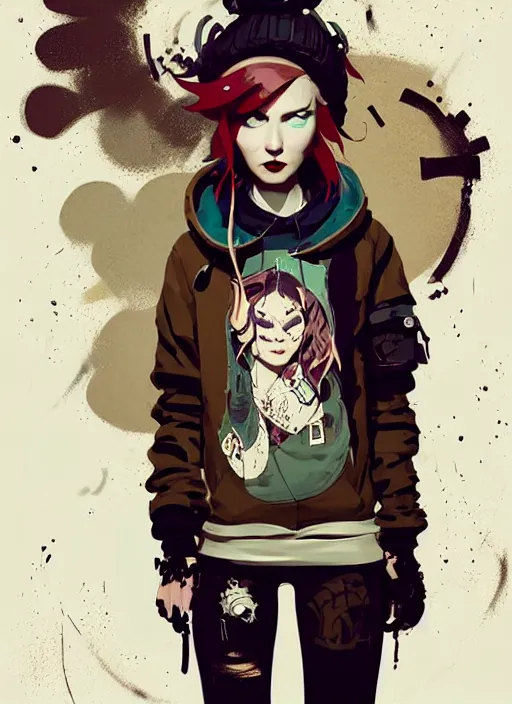 Image similar to highly detailed portrait of a sewer punk lady, tartan hoody, white ringlet hair by atey ghailan, by greg rutkowski, by greg tocchini, by james gilleard, by joe fenton, by kaethe butcher, gradient peach, brown, blonde cream and white color scheme, grunge aesthetic!!! ( ( graffiti tag wall background ) )