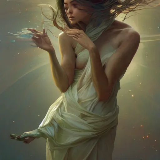 Image similar to The soul detaching from the body, in the universe, highly detailed, digital painting, artstation, concept art, sharp focus, cinematic lighting, illustration, art by artgerm and greg rutkowski, alphonse mucha, cgsociety