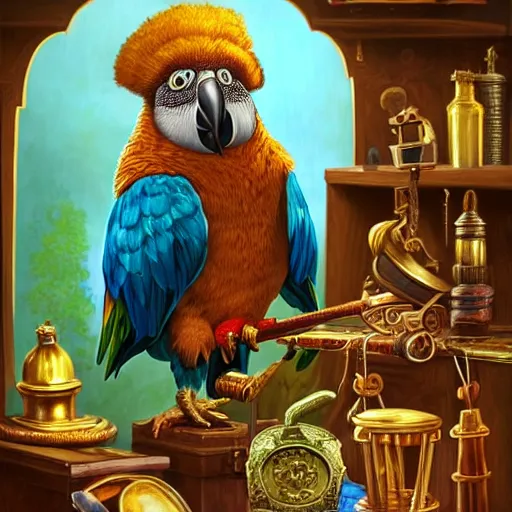 Image similar to Anthropomorphized parrot trader in his shop, selling his wares, portrait, items, magic potions, carpet, window, sly expression , cunning expression, cute expression, blue eyes, long thick shiny gold beak, presenting wares, holding a gold bag, D&D, fantasy, cinematic lighting, highly detailed, digital painting, artstation, concept art, smooth, sharp focus, illustration, warm light, cozy warm tint, magic the gathering artwork, volumetric lighting, 8k, art by Akihiko Yoshida, Greg Rutkowski