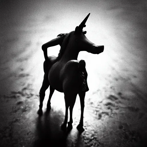 Image similar to jack nicholson riding a unicorn, gritty black and white photography, wide angle, 28mm