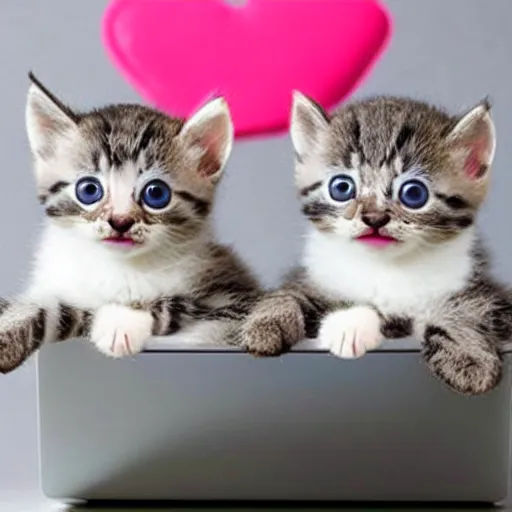 Image similar to cutest kittens in the world using a laptop with cute pink heart emojis floating in the air