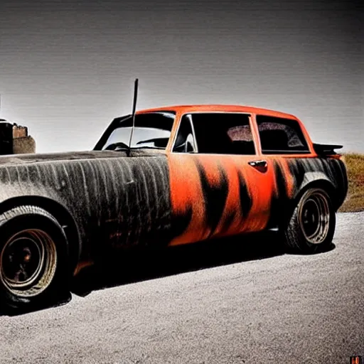 Image similar to madmax gangster vintage car