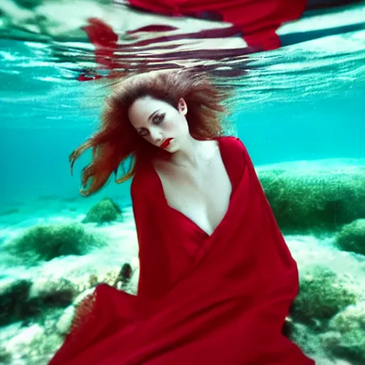 Image similar to beautiful portrait of sensual fashion model in red silk underwater, 35mm film