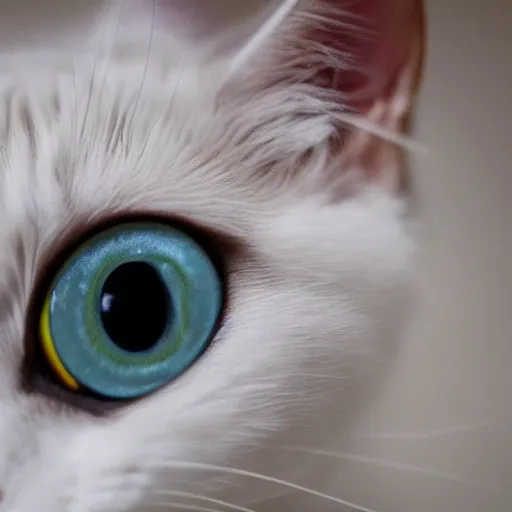 Prompt: white cat big eyes a lot of fur cute highly detailed high - quality photo realistic 8 k