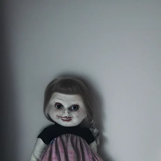 Image similar to Creepy doll in a bedroom staring at viewer, night, grainy photograph