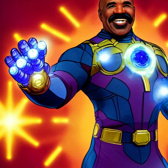 Image similar to Dynamic detailed artistic illustration of Steve Harvey doing a hero pose while Wearing the infinity gauntlet with all six stones glowing menacingly while Steve Harvey looks towards the viewer