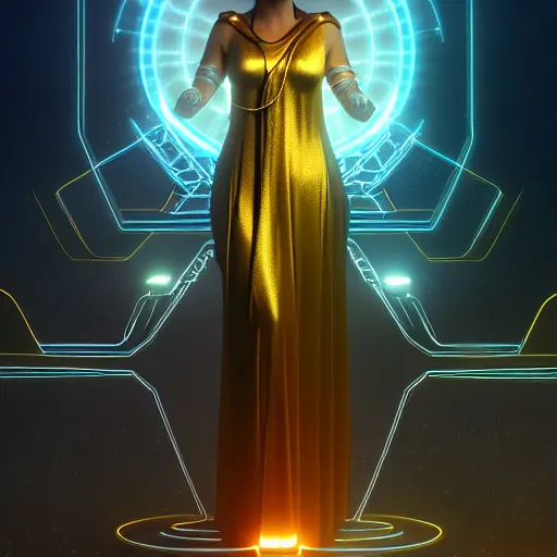 Image similar to the ethereal goddess of technology bestows the gift of circuits to humanity. matte painting. fantastic. velvet and gold. high key studio lighting. fractal dreams. ancient greece, trending on artstation, cgsociety, ps 5, uhd 8 k cryengine