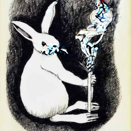 Image similar to a pen and ink drawing of a white rabbit smoking a smokey cigarette while reclining in a deep dark tangled forest, childrens book illustration, by edward gorey, by gustav dore