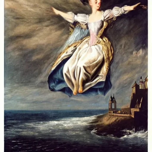 Prompt: Marie Antoinette levitating over the sea. By El Greco, Remedios Varo, Salvador Dali, Carl Gustav Carus, John Atkinson Grimshaw. Award winning, trending on artstation, masterpiece, highly detailed.