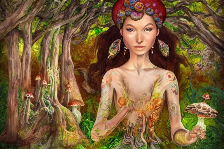 Prompt: a portrait of a mushroom goddess in the enchanted mushroom forest,