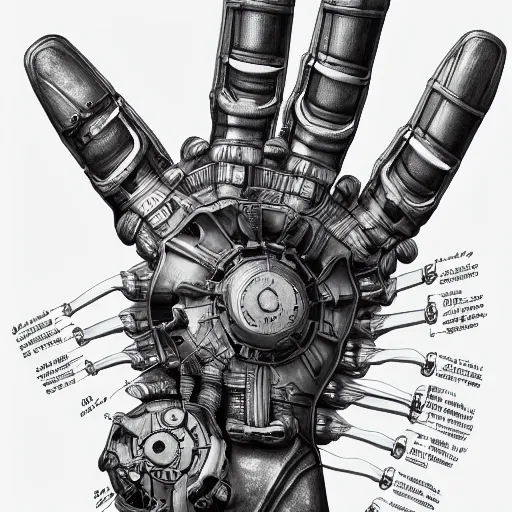 Prompt: parts diagram of a cybernetic hand with all parts labeled, intricate and detailed assembly drawing of a cybernetic hand 🤖 hand 🦾, symmetrical fine details, jaw dropping details, fantasy concept art, hyper realistic illustration, 8 k, artstation