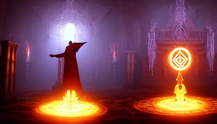 Prompt: ! dream an occult priest performs demonic ritual to summons monsters with magic and a glowing sigil in a fantastic temple, volumetric lighting, magical lighting, raytracing, dynamic lights and shadows, photorealistic render, digital art, wallpaper