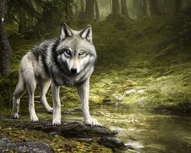 Image similar to a wolf standing on a riverbank in a forest, natural lighting, very coherent, ultra realistic, concept art, intricate details, highly detailed, photorealistic, octane render, 8 k, unreal engine