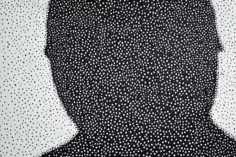 Image similar to face made out of mist, faceless people dark, dots, drip, stipple, pointillism, technical, abstract, minimal, style of francis bacon, asymmetry, pulled apart, cloak, hooded figure, made of dots, abstract, balaclava