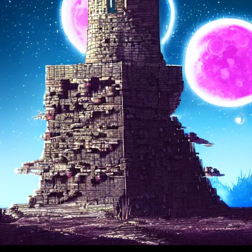 Prompt: ancient tower in the moon, retrowave epic art, trending on art station