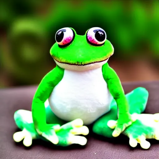 Prompt: cute fluffy plushie frog, cutecore, kawaii, stuffed animal photography,