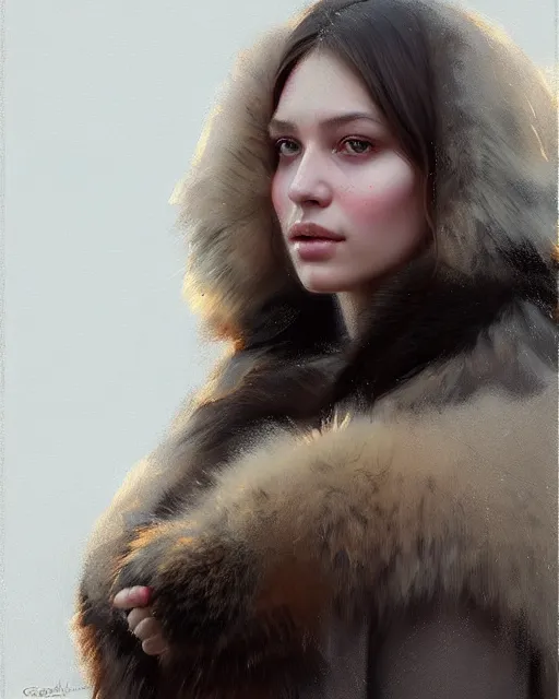 Image similar to a beautiful siberian girl with bear fur coat and decollete | | realistic shaded, unpleasant face, bad looking, fine details, realistic shaded lighting poster by greg rutkowski, magali villeneuve, artgerm, jeremy lipkin and michael garmash and rob rey