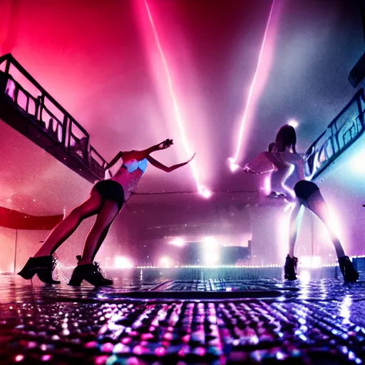 Image similar to low angle shot of lightning striking a synthesizer in a dance club, dark dancing silhuettes in the background, bokeh, dramatic lighting, oil painting