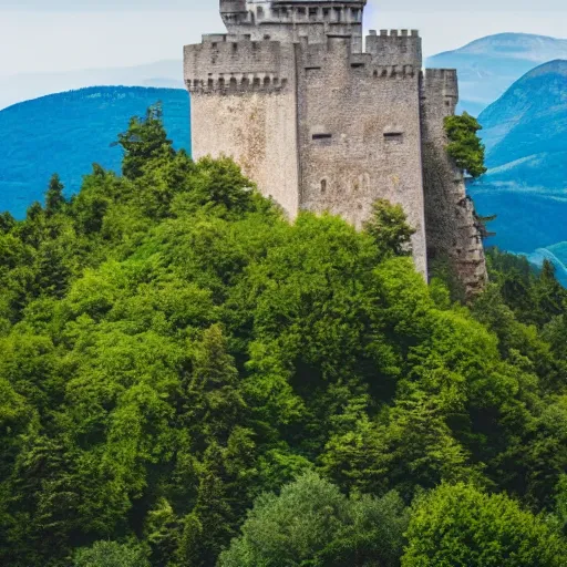 Prompt: Castle on top of a mountain, mountain top castle, medieval castle, in the distance, taken from afar, 8k, photography