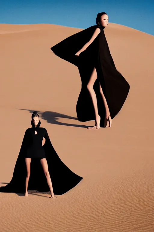 Image similar to An film still of a futuristic girl wearing black cape in perfect sand dunes featured in Vogue and GQ editorial fashion photography, Anaglyph, tilted 35° frame, dutch angle, beautiful eye, symmetry face, Long shot wide shot full shot, haute couture dressed by Givenchy and Salvatore Ferragamo, Canon EF 85mm f/1.4L IS USM