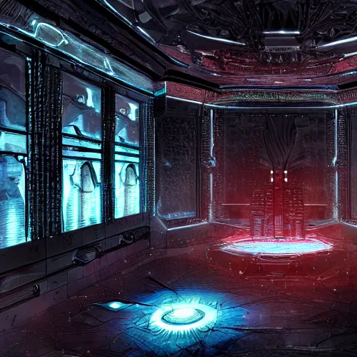 Image similar to the mind throne within the simulation chamber, digital art, highly detailed, epic composition, cinematic lighting