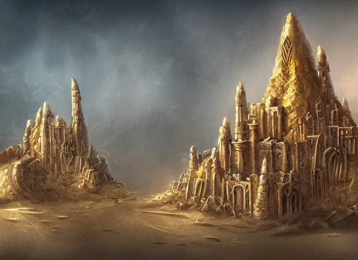 Image similar to architectural cover concept art of the lost sand city, ruins, golden towers, golden pillarsl. digital art, art station, realista,