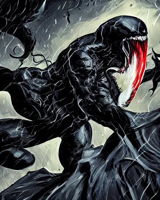 Image similar to venom as batman, with the powers of flash, dynamic lighting, fantasy concept art, trending on art station, stunning visuals, creative, cinematic, ultra detailed, comic strip style, sumihei