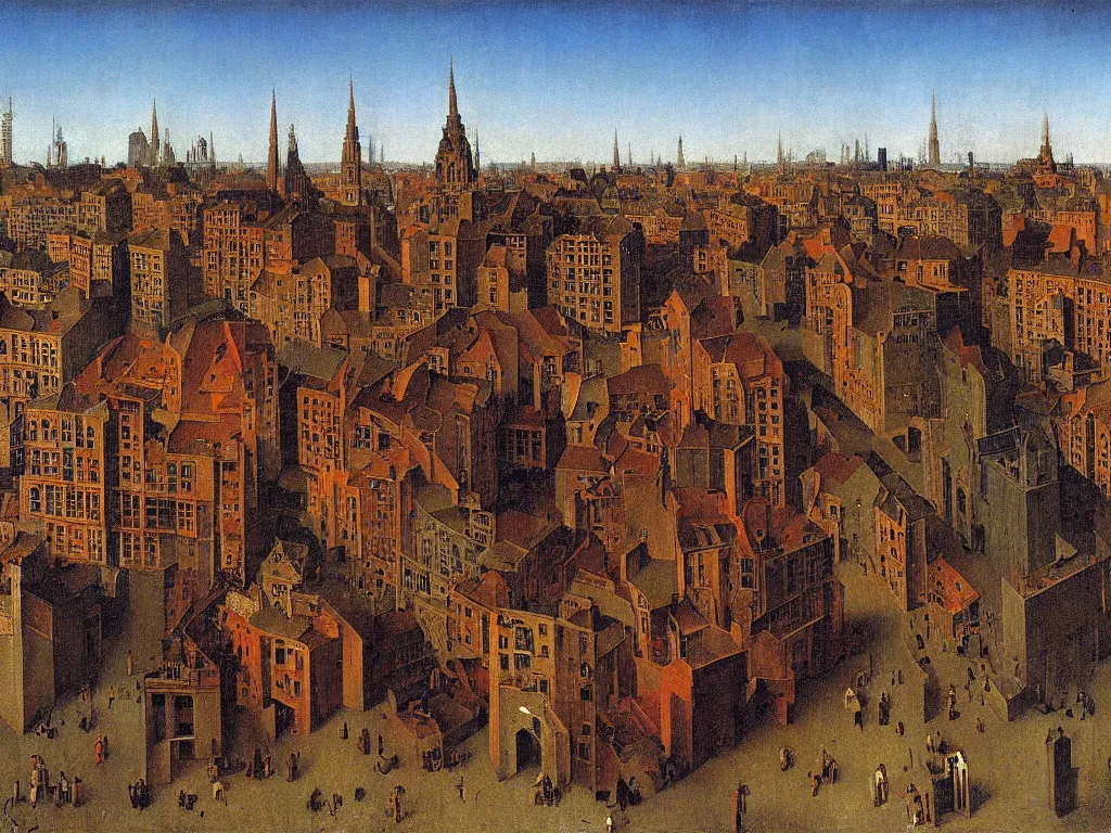 Image similar to The periphery, Communist neighborhood in the afternoon. Painting by Jan van Eyck, Rene Magritte, Jean Delville, Max Ernst, Beksinski