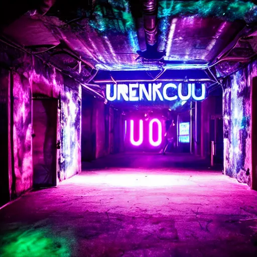 Prompt: entrance to underground rave club, secret, cyberpunk dance music, lights, ambiance