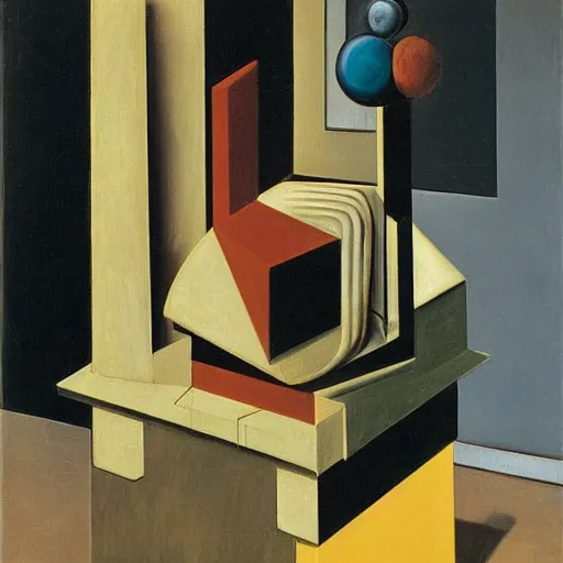 Image similar to a painting by giorgio de chirico of an abstract sculpture by the caretaker