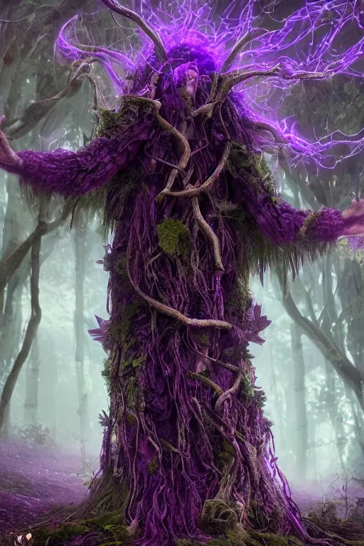 Prompt: gigantic shaman of the purple forest, cloak made of mycelium, trees, roots, mycelium, vines, ultradetailed, volumetric lighting, 4k UHD.