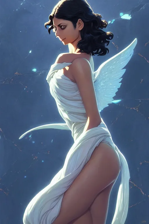 Image similar to a beautiful Morena Baccarin with long dark hair, marble statue, intricate, highly detailed, digital painting, artstation, official media, anime key visual, concept art, rich vivid colors, ambient lighting, sharp focus, illustration, art by Artgerm, Makoto Shinkai, Ilya Kuvshinov, Lois Van Baarle, and Rossdraws