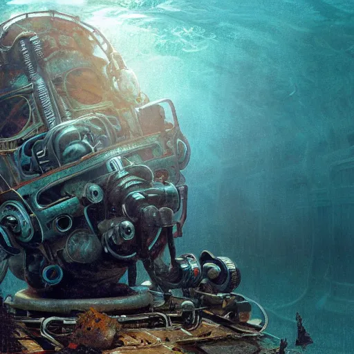 Image similar to a photograph of a robot endoskeleton submerged and rusted in the water, cinematic, volumetric lighting, f 8 aperture, cinematic eastman 5 3 8 4 film, photorealistic by greg rutkowski, by stanley artgerm, by alphonse mucha