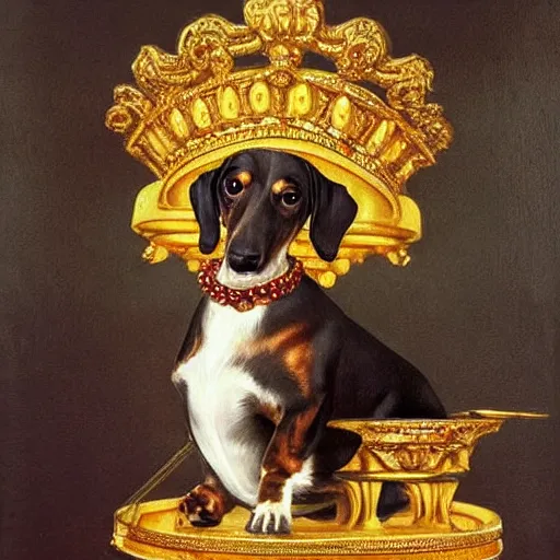 Image similar to Victorian painting of a Dachshund sitting on a golden throne wearing a jewelled crown being fed cooked chicken by an android