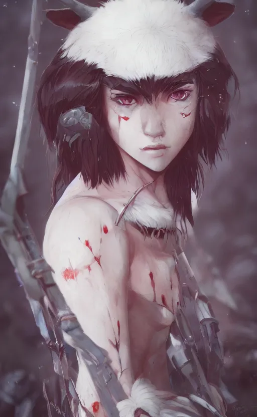 Prompt: Princess Mononoke, close up portrait by loish and WLOP, octane render, dynamic lighting, highly detailed, sharp focus, asymmetrical portrait, dark fantasy, trending on ArtStation