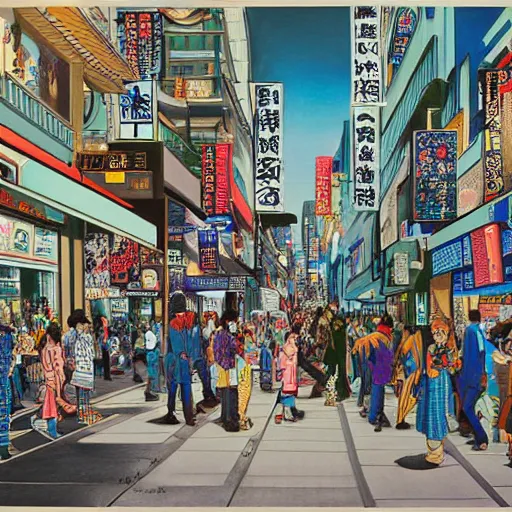 Prompt: a beautiful painting of people traveling down a busy city street by hirohiko araki, detailed line art, jojos bizarre adventure