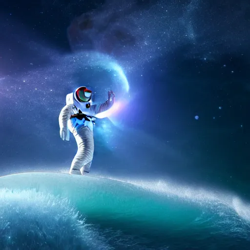 Image similar to astronaut surfing a surfboard on a sparkly crashing wave of stardust in space, background is a moon in nebula, octane render, unreal engine, wide view, 8 k, highdetaild