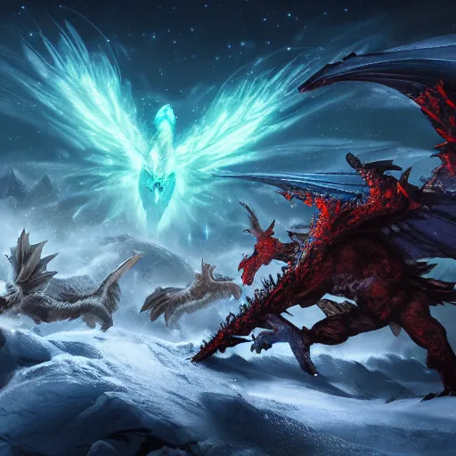 Prompt: a group of heros in a vast snowy landscape fighting a huge white dragon, night with Arora borealis, intricate and vivid detail, fantasy masterpiece, 4k resolution, trending on artstation