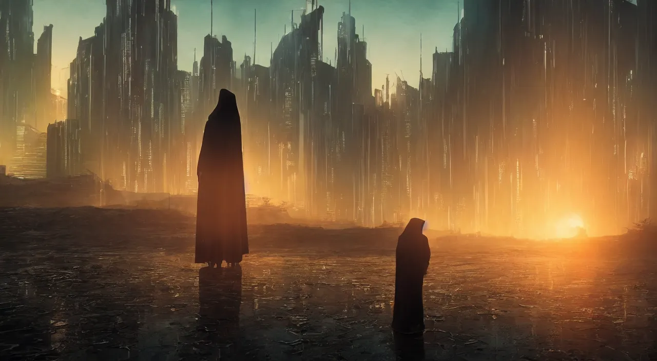 Image similar to a singular cloaked figure standing in the foreground of a cyberpunk landscape, synth, puddles, sunrise