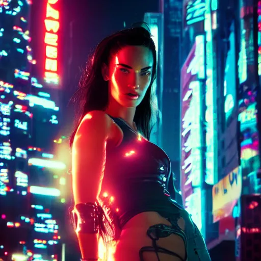 Prompt: cyberpunk megan fox, standing on a cyberpunk street at night, streets are lit with neon lights