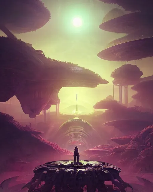 Image similar to alien temple, beautiful landscape, nier automata, protoss!!!!, machine planet, mothership in the sky, pink sun, tropical forest, colorful light, advanced technology, cinematic lighting, highly detailed, masterpiece, art by bastien grivet and darwin cellis and jan urschel