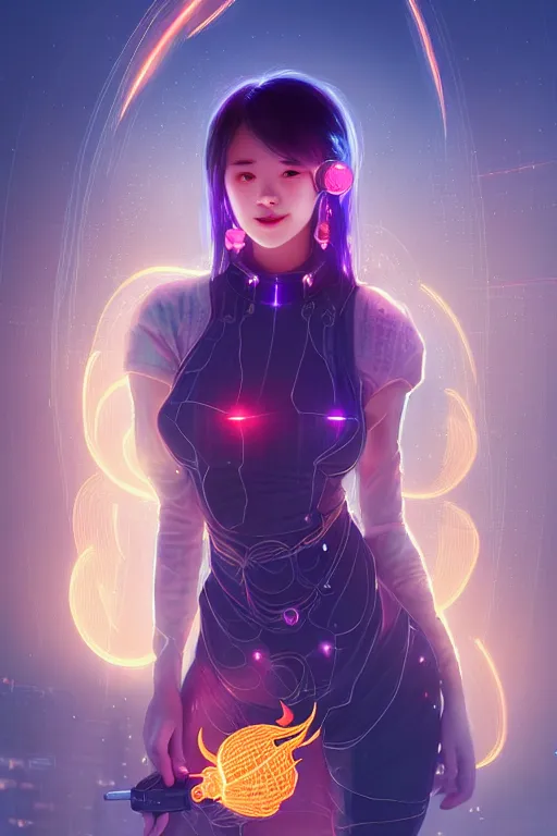 Prompt: portrait futuristic wizard Girl with fire and sparkles and firefly, lovely smile, in future cyberpunk tokyo rooftop , ssci-fi, fantasy, intricate, very very beautiful, elegant, human anatomy, human structure, neon light, highly detailed, digital painting, artstation, concept art, smooth, sharp focus, illustration, art by tian zi and WLOP and alphonse mucha